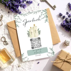 Personalisiertes Sparbuch mit QR-Code. Das perfekte Geschenk zur Taufe | Taufkerze