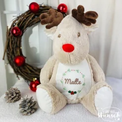 Personalisiertes Stofftier mit Tasche | Rentier Kuscheltier mit Namen | Weihnachtsgeschenk für Kinder | Geschenk zu Weih