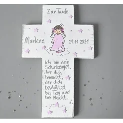 Personalisiertes Taufkreuz Mädchen mit Schutzengel – Handbemaltes Kinderkreuz Geschenk Patenkind