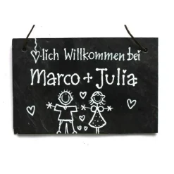 Personalisiertes Türschild aus Schiefer für Paare – Handgefertigtes Willkommensschild mit Namen & Figuren