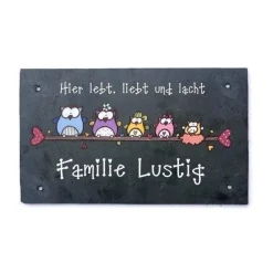 Personalisiertes Türschild Schiefer mit Eulen – Handgemachtes Haustürschild für Familien, dekorativ & exklusiv