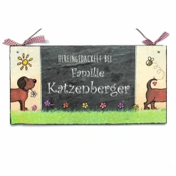personalisiertes Türschild aus Schiefer mit Hund, Haustürschild für Familien mit Name, Willkommensschild für die Haustür
