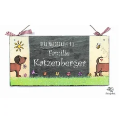 personalisiertes Türschild aus Schiefer mit Hund, Haustürschild für Familien mit Name, Willkommensschild für die Haustür