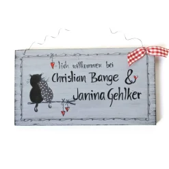 Personalisiertes Türschild Katzenpärchen – Handbemaltes Hochzeitsgeschenk im Shabby Chic Stil