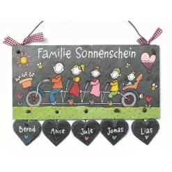 Personalisiertes Türschild aus Schiefer – Namensschild mit Fahrrad & Herzanhängern – Geschenk für Familien & Freunde