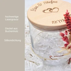 Personalisiertes Vorratsglas | Geschenk mit Trockenblumen | Geschenk zur Hochzeit mit zwei Namen | Geldgeschenk