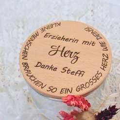 Personalisiertes Vorratsglas mit Holzdeckel | Kleines Dankeschön | Abschiedsgeschenk Kindergarten | Geschenk Hebamme
