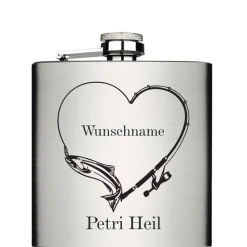 Petri Heil Fisch an der Angel mit Wunschname personalisierter Edelstahl Flachmann 6oz mit Lasergravur