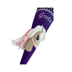 Pferde Schultüte lila, Zuckertüte mit Namen bestickt, Mädchen Schultüte mit Pferd