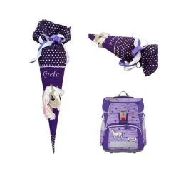 Pferde Schultüte lila, Zuckertüte mit Namen bestickt, Mädchen Schultüte mit Pferd