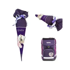 Pferde Schultüte lila, Zuckertüte mit Namen bestickt, Mädchen Schultüte mit Pferd