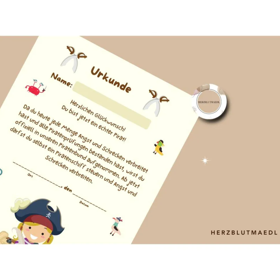 Piraten Geburtstag Ideen - Mitgebsel für die ultimative Piratenparty - Urkunde in DIN A4 als digitale Datei