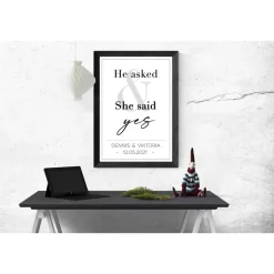 Poster HE asked & SHE said YES mit Namen Datum | Personalisiert | Hochzeitsgeschenk | Kunstdruck | Geschenk Brautpaar |