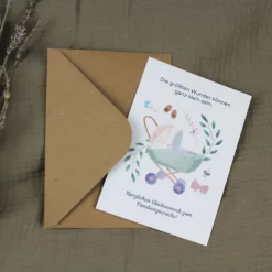 Postkarte zur Geburt Grußkarte baby Karte mit Umschlag kraftpapier Chromokarton grün creme neutral genderneutral