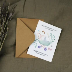Postkarte zur Geburt Grußkarte baby Karte mit Umschlag kraftpapier Chromokarton grün creme neutral genderneutral