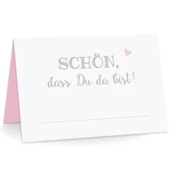 Premium Tischkarten Schön dass Du da Bist mit Herz in rosa - Platzkarten zum selbst Beschriften - Namenskarten Hochzeit, Geburtstag, Konfirmation, Kommunion