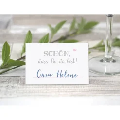 Premium Tischkarten Schön dass Du da Bist mit Herz in rosa - Platzkarten zum selbst Beschriften - Namenskarten Hochzeit, Geburtstag, Konfirmation, Kommunion
