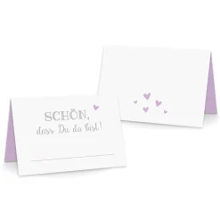 Premium Tischkarten Schön dass Du da Bist mit Herz in flieder - Platzkarten zum selbst Beschriften - Namenskarten Hochzeit, Geburtstag, Konfirmation, Kommunion
