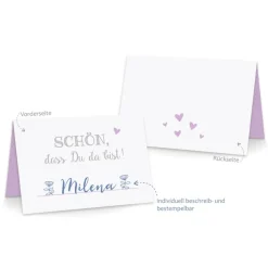 Premium Tischkarten Schön dass Du da Bist mit Herz in flieder - Platzkarten zum selbst Beschriften - Namenskarten Hochzeit, Geburtstag, Konfirmation, Kommunion