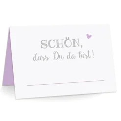 Premium Tischkarten Schön dass Du da Bist mit Herz in flieder - Platzkarten zum selbst Beschriften - Namenskarten Hochzeit, Geburtstag, Konfirmation, Kommunion
