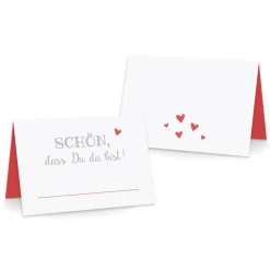 Premium Tischkarten Schön dass Du da Bist mit Herz in rot - Platzkarten zum selbst Beschriften - Namenskarten Hochzeit, Geburtstag, Konfirmation, Kommunion