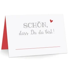 Premium Tischkarten Schön dass Du da Bist mit Herz in rot - Platzkarten zum selbst Beschriften - Namenskarten Hochzeit, Geburtstag, Konfirmation, Kommunion