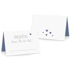 Premium Tischkarten Schön dass Du da Bist mit Herz in blau - Platzkarten zum selbst Beschriften - Namenskarten Hochzeit, Geburtstag, Konfirmation, Kommunion