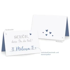 Premium Tischkarten Schön dass Du da Bist mit Herz in blau - Platzkarten zum selbst Beschriften - Namenskarten Hochzeit, Geburtstag, Konfirmation, Kommunion