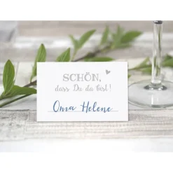 Premium Tischkarten Schön dass Du da Bist mit Herz in grau - Platzkarten zum selbst Beschriften - Namenskarten Hochzeit, Geburtstag, Konfirmation, Kommunion