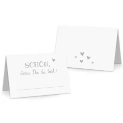 Premium Tischkarten Schön dass Du da Bist mit Herz in grau - Platzkarten zum selbst Beschriften - Namenskarten Hochzeit, Geburtstag, Konfirmation, Kommunion