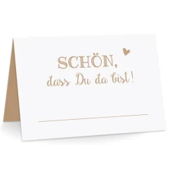 Premium Tischkarten Schön dass Du da Bist mit Herz in braun - Platzkarten zum selbst Beschriften - Namenskarten Hochzeit, Geburtstag, Konfirmation, Kommunion