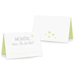 Premium Tischkarten Schön dass Du da Bist mit Herz in hellgrün - Platzkarten zum selbst Beschriften - Namenskarten Hochzeit, Geburtstag, Konfirmation, Kommunion