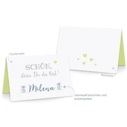 Premium Tischkarten Schön dass Du da Bist mit Herz in hellgrün - Platzkarten zum selbst Beschriften - Namenskarten Hochzeit, Geburtstag, Konfirmation, Kommunion
