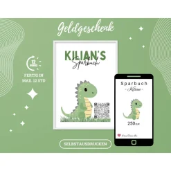QR-Code Sparbuch Dino | Cooles Geldgeschenk für Jungen | DIY Last-Minute Download | Digitales Sparbild PNG