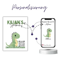 QR-Code Sparbuch Dino | Cooles Geldgeschenk für Jungen | DIY Last-Minute Download | Digitales Sparbild PNG