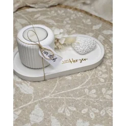 Raysin Deko-Set „von Herzen“ – Weiß Matt mit Goldfolie, Herz & Trockenblumen – Handgemachtes Geschenk