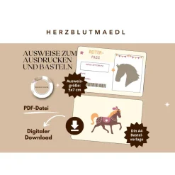 Reiterpass Bastelvorlage für Kinder – Perfekt für Kindergeburtstage auf dem Reiterhof und Ferien auf dem Ponyhof DIN A4
