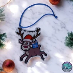 Rentier Rudolf Baumschmuck handgezeichnet Schrumpffolie Resinversiegelung Unikat