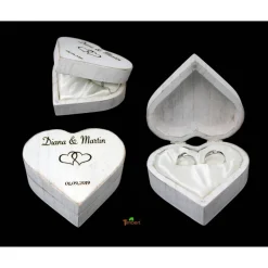 RINGBOX aus HOLZ Herz Rustikale Hochzeit Ringkissen mit GRAVUR Vintage Ringschachtel für Eheringe Ringkästchen Personalisiert in Shabby weiß