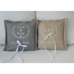 Ringkissen aus Leinen edel personalisiert bestickt