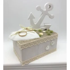 Ringkissen, maritim, komplett aus Holz, weiß/creme mit Anker