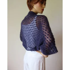 Ärmelbolero aus Kid-Mohair in Dunkelblau, gestrickter Shrug Halbarm, festliches Jäckchen für Damen, Trachtenhochzeit