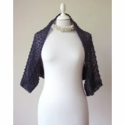 Ärmelbolero aus Kid-Mohair in Dunkelblau, gestrickter Shrug Halbarm, festliches Jäckchen für Damen, Trachtenhochzeit