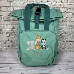 Roll Top Rucksack mit Safari Tieren und Namen bestickt I Kindergartentasche personalisiert I Tasche für Kinder