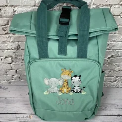 Roll Top Rucksack mit Safari Tieren und Namen bestickt I Kindergartentasche personalisiert I Tasche für Kinder