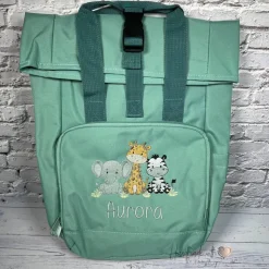 Roll Top Rucksack mit Safari Tieren und Namen bestickt I Kindergartentasche personalisiert I Tasche für Kinder