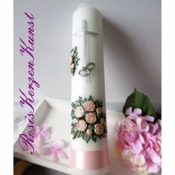 Romantische HOCHZEITSKERZE  mit Rosenbouquet und Satinband