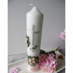 Romantische HOCHZEITSKERZE  mit Rosenbouquet und Satinband