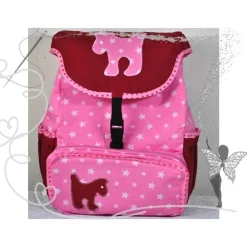 Rosa Rucksack mit Hunden und Sternen, für Kinder ab 6 Jahren, handgenäht