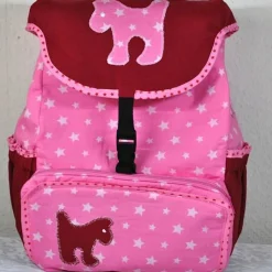 Rosa Rucksack mit Hunden und Sternen, für Kinder ab 6 Jahren, handgenäht